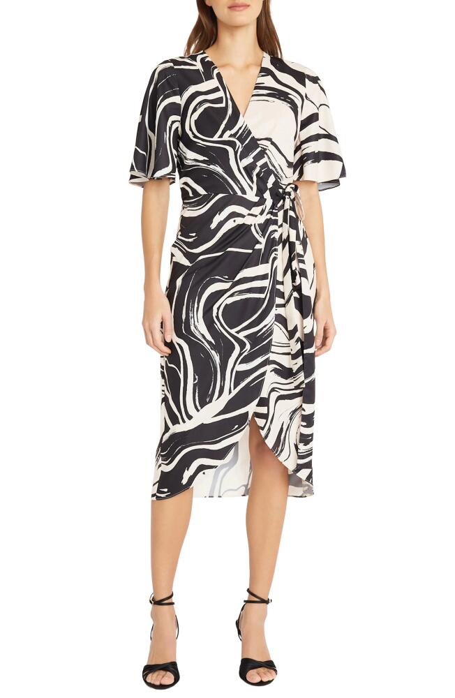 DONNA MORGAN FOR MAGGY Reverse Print Wrap Midi Dress in Black/Cream Cover