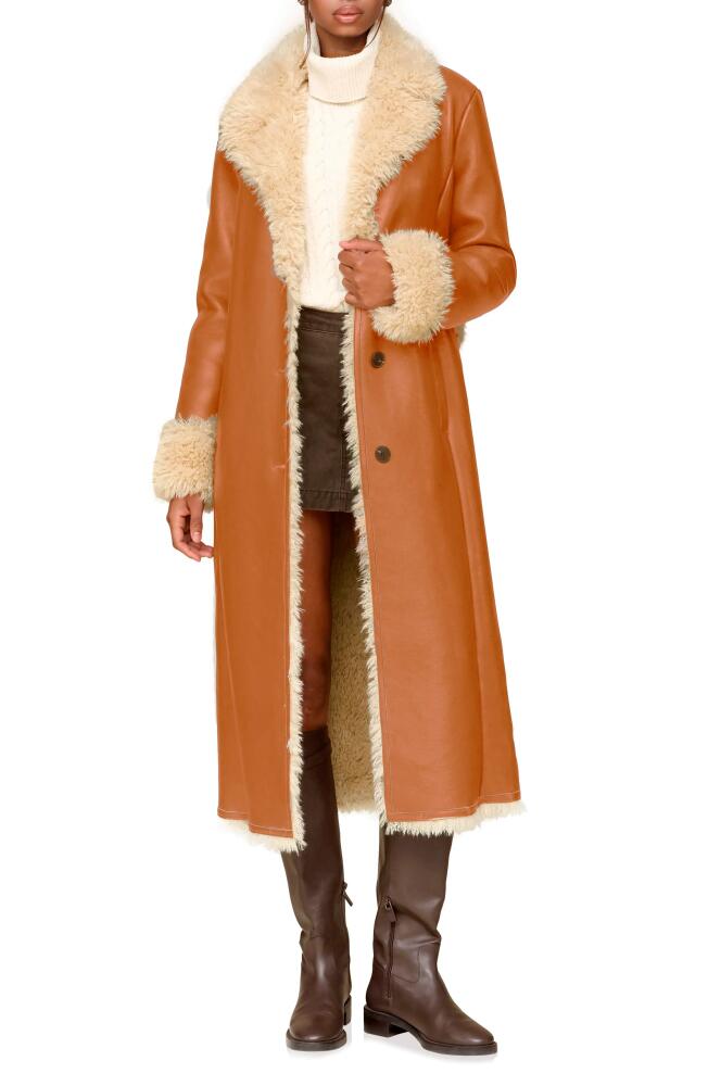 Avec Les Filles Faux Leather & Faux Shearling Belted Long Coat in Whiskey Cover