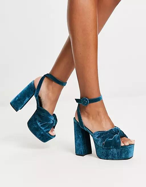 ASOS DESIGN Natia knotted platform heeled sandals in blue Cover