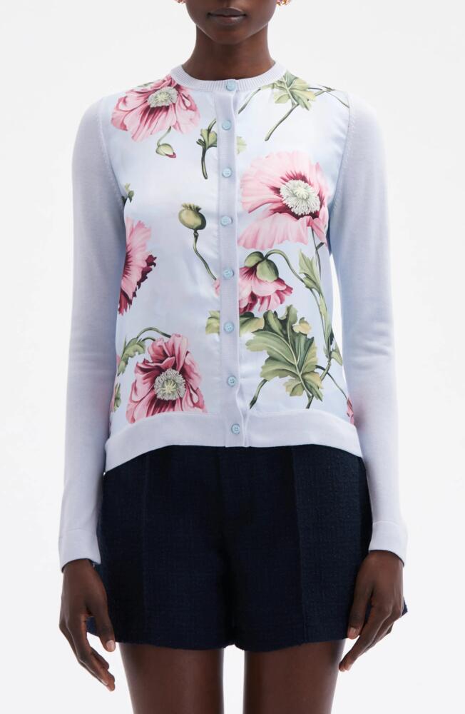 Oscar de la Renta Poppy Print Silk Twill Panel Cardigan in Light Blue/Pink Cover