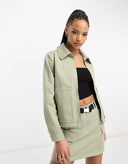 Miss Selfridge cargo utility zip front boxy jacket contrast stitching in khaki - part of a set-Green Cover