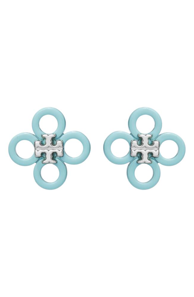 Tory Burch Small Kira Enamel Clover Stud Earrings in Tory Silver /Blue Cover