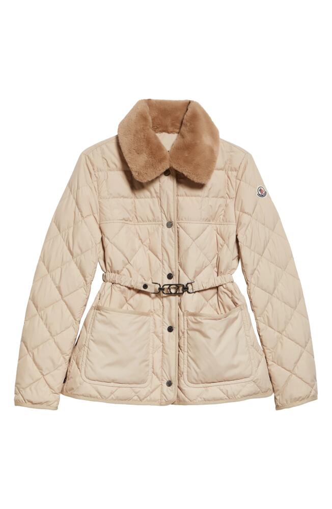 Moncler Cygne Belted Down Puffer Jacket with Removable Faux Fur Collar in Beige Cover