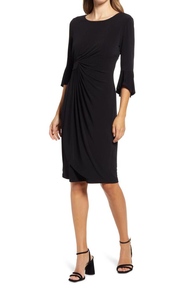 Connected Apparel Ruched Bell Sleeve Faux Wrap Cocktail Dress in Black Cover