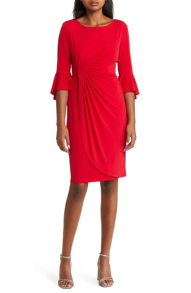 Connected Apparel Ruched Bell Sleeve Faux Wrap Cocktail Dress in Apple Red Cover