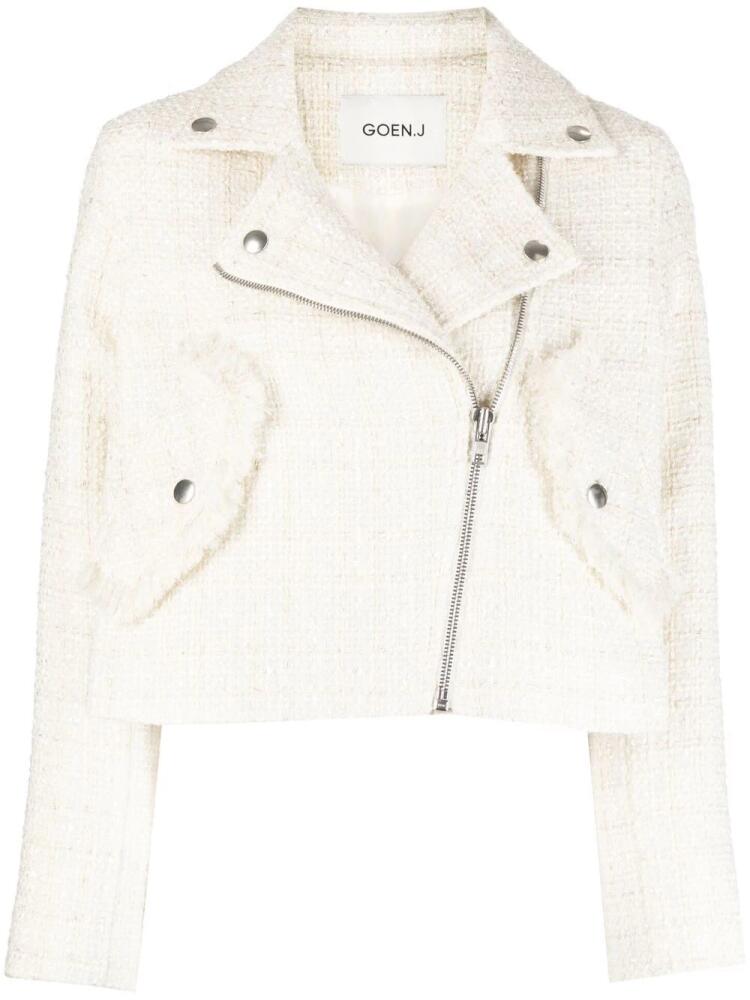 Goen.J tweed cropped biker jacket - White Cover