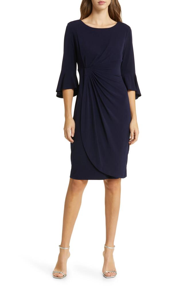 Connected Apparel Ruched Bell Sleeve Faux Wrap Cocktail Dress in Navy Cover