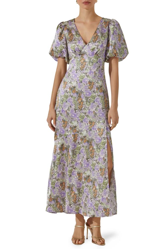 ASTR the Label Floral Puff Sleeve Satin Maxi Dress in Purple Green Floral Abstract Cover