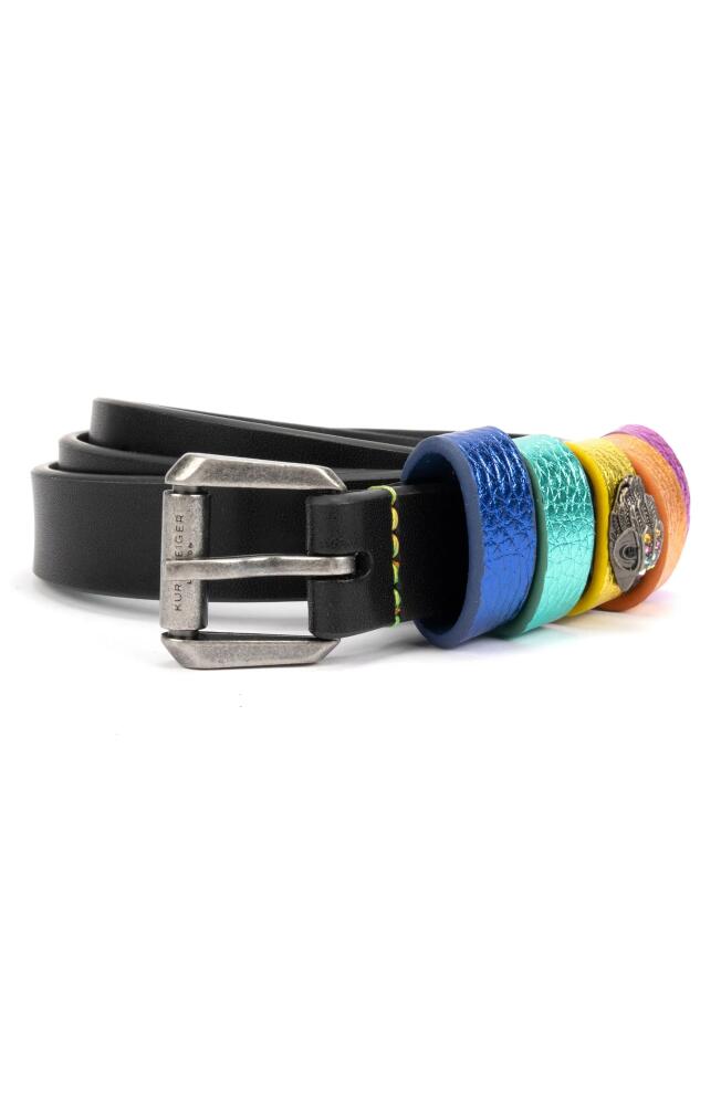 Kurt Geiger London Rainbow Keeper Leather Belt in Black/Antique Silver Cover