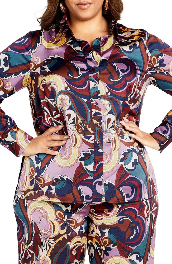 City Chic Mara Print Satin Shirt in Envy Abstract Cover