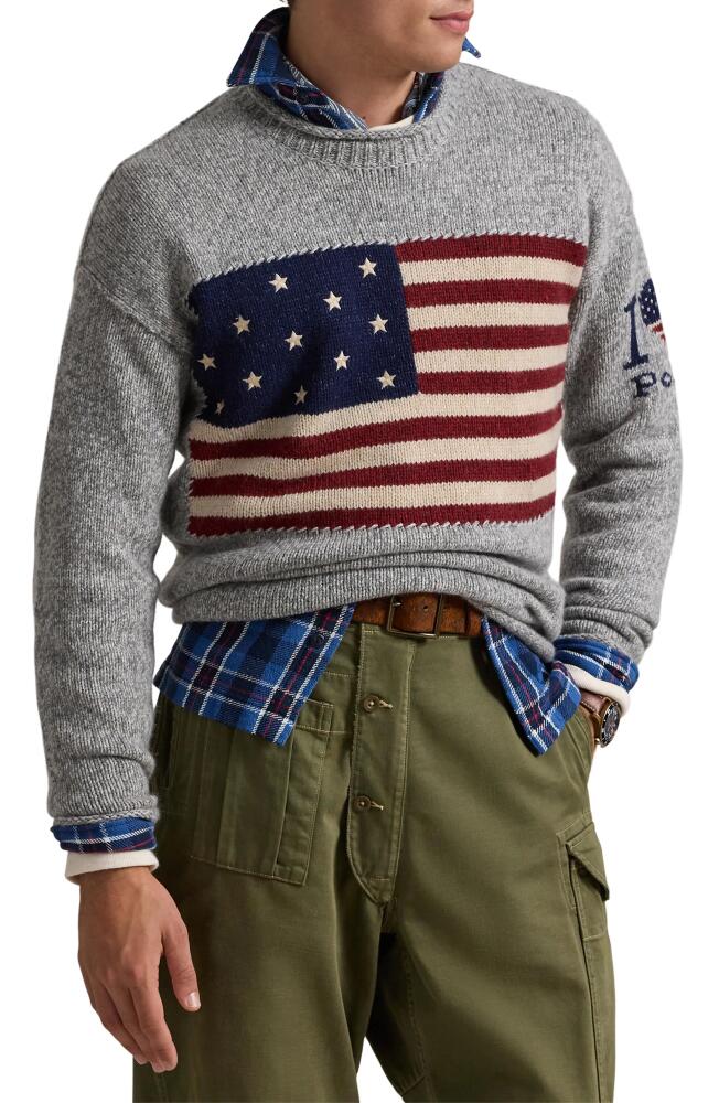 Polo Ralph Lauren Intarsia Flag Regular Fit Wool Crewneck Sweater in Grey Combo Cover