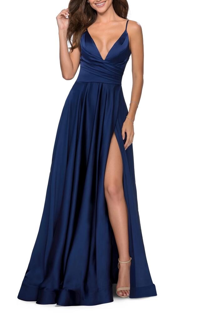 La Femme Strappy Back Satin Ballgown in Navy Cover