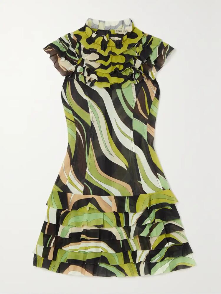 PUCCI - Ruffled Tiered Printed Stretch-mesh Mini Dress - Green Cover