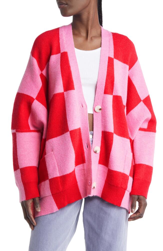 Dressed in Lala Love You Oversize Cardigan in Pink Red Check Cover