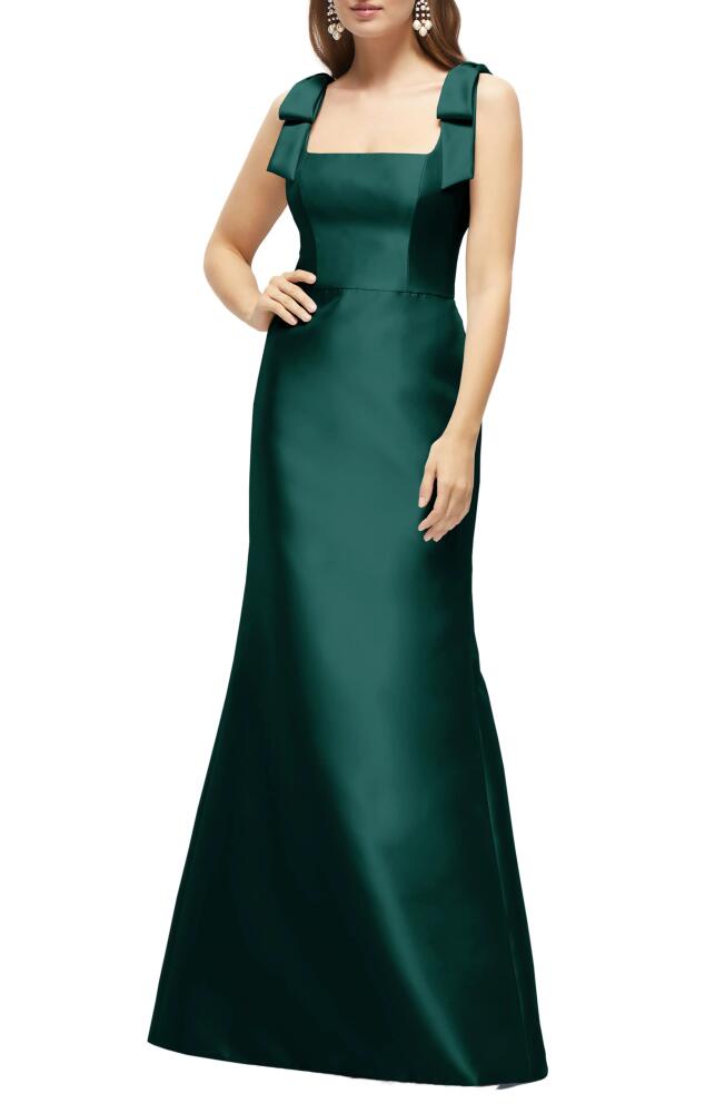 Alfred Sung Bow Strap Satin Twill Trumpet Gown in Evergreen Cover