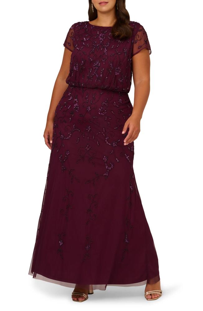 Adrianna Papell Beaded Mesh Gown in Cassis Cover