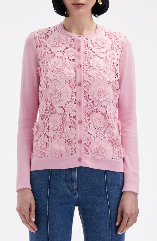 Oscar de la Renta Floral Guipure Lace Panel Silk Blend Cardigan in Soft Pink Cover