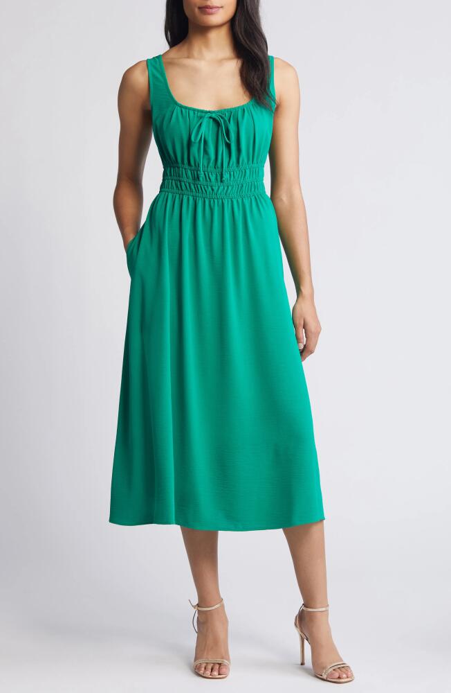 Connected Apparel Shirred Waist Midi Dress in Green Cover