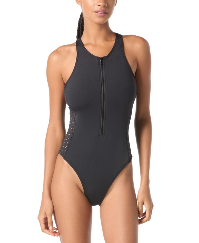 Michael Michael Kors Women's Laser Cut Zip-Front One-Piece Swimsuit - Black Cover