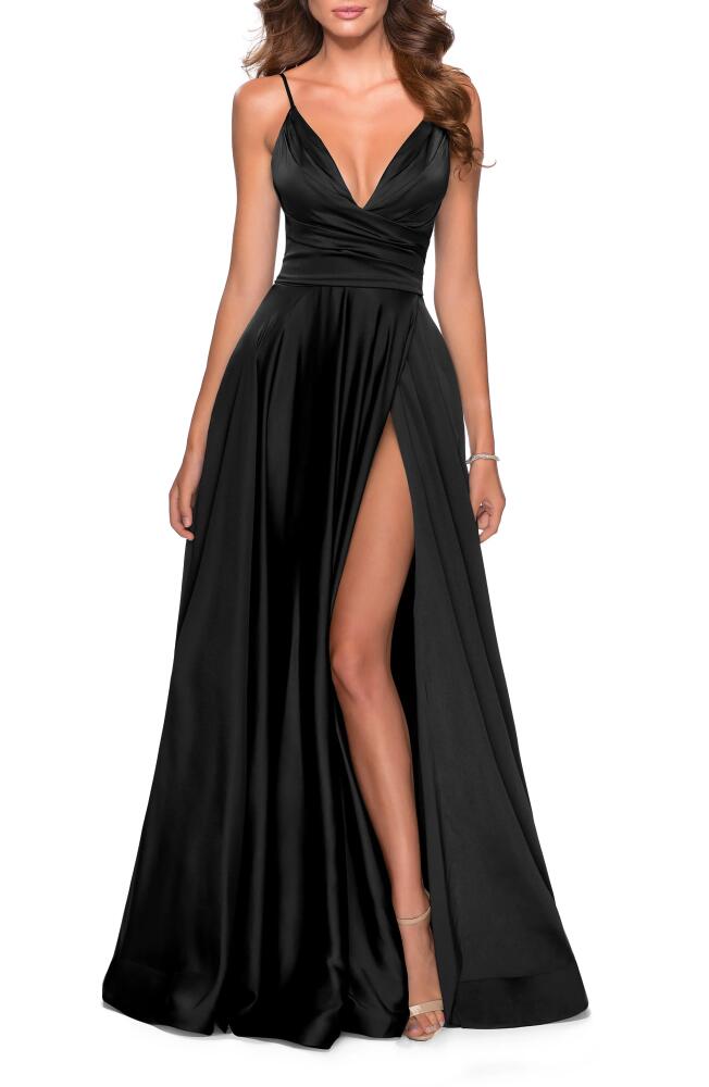 La Femme Strappy Back Satin Ballgown in Black Cover