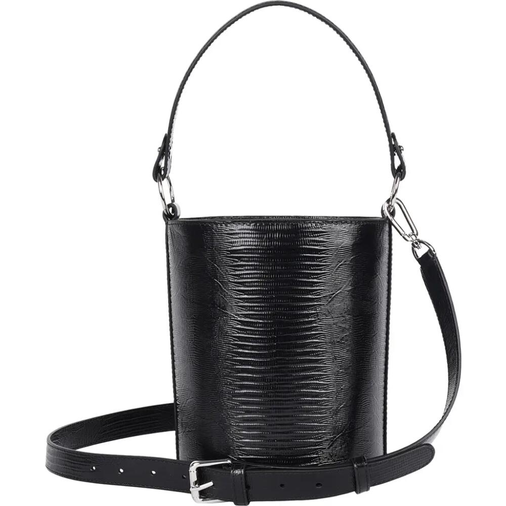 HYER GOODS Upcycled Leather Convertible Mini Bucket Bag in Black Lizard Cover