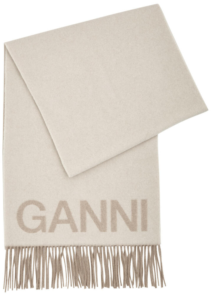 Ganni Logo-intarsia Fringed Wool Scarf - Cream Cover