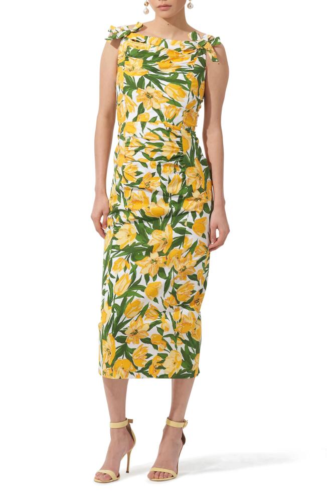 Carolina Herrera Tulip Print Ruched Midi Dress in White Multi Cover