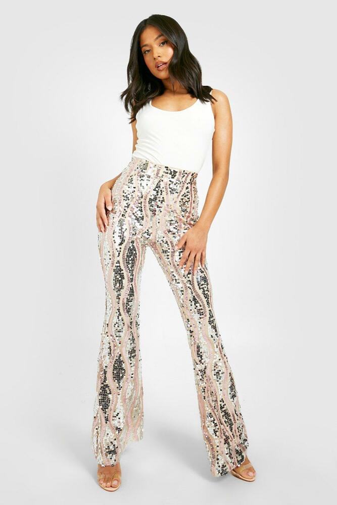 boohoo Womens Petite Sequin Two Tone Flare Pants - Beige Cover