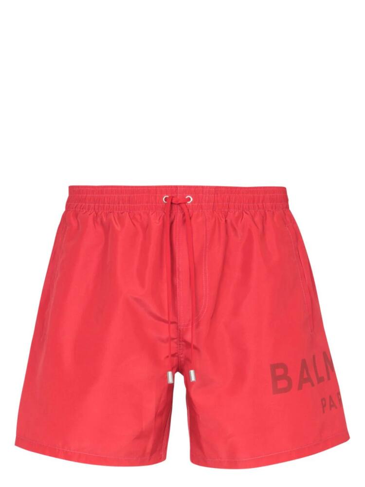 Balmain logo-print drawstring swim shorts - Red Cover