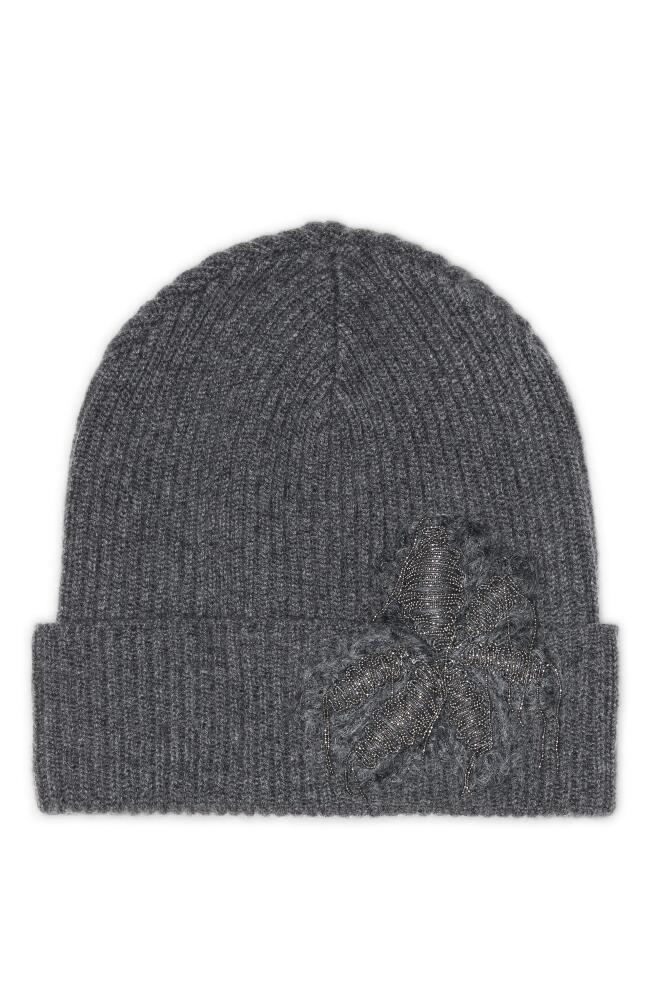 Brunello Cucinelli Cashmere rib knit beanie with precious flower crest in Anthracite Cover