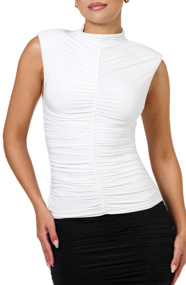 Naked Wardrobe Hourglass Drama Shoulder Ruched Mock Neck Top in White Cover