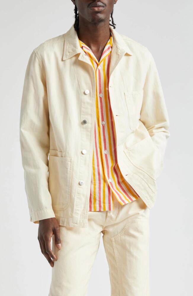 Drake's Fatigue Embroidered Cotton & Linen Chore Jacket in Ecru Cover