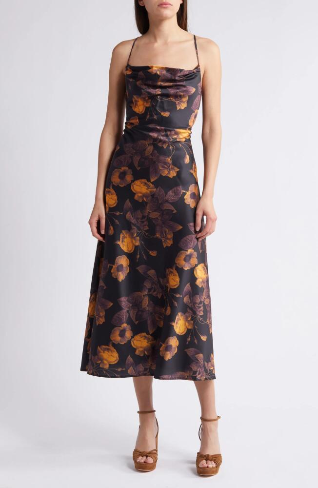 Lost + Wander Amberlust Floral Square Neck Satin Midi Dress in Black Multi Floral Cover