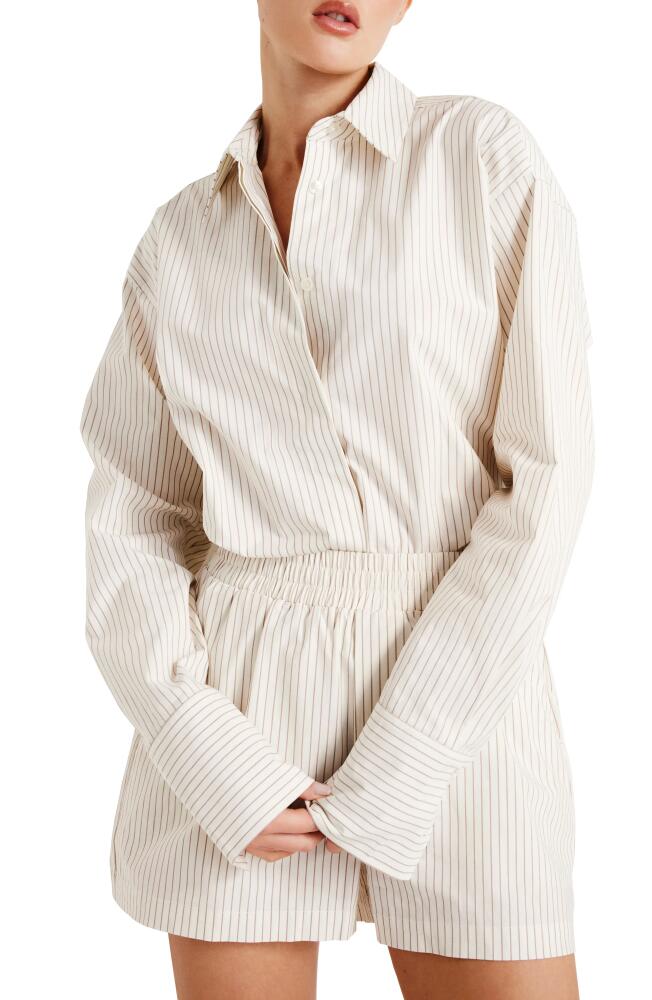 Good American Stripe Stretch Cotton Poplin Button-Up Shirt in Putty Pencil Stripe003 Cover