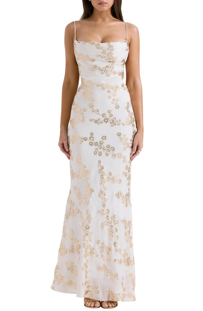 HOUSE OF CB Caprina Embroidered Floral Trumpet Gown in White Gold Cover