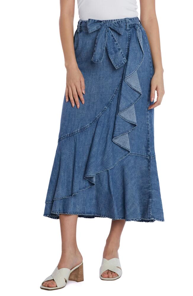 Wash Lab Denim Ruffle Faux Wrap Denim Midi Skirt in Tide Blue Cover