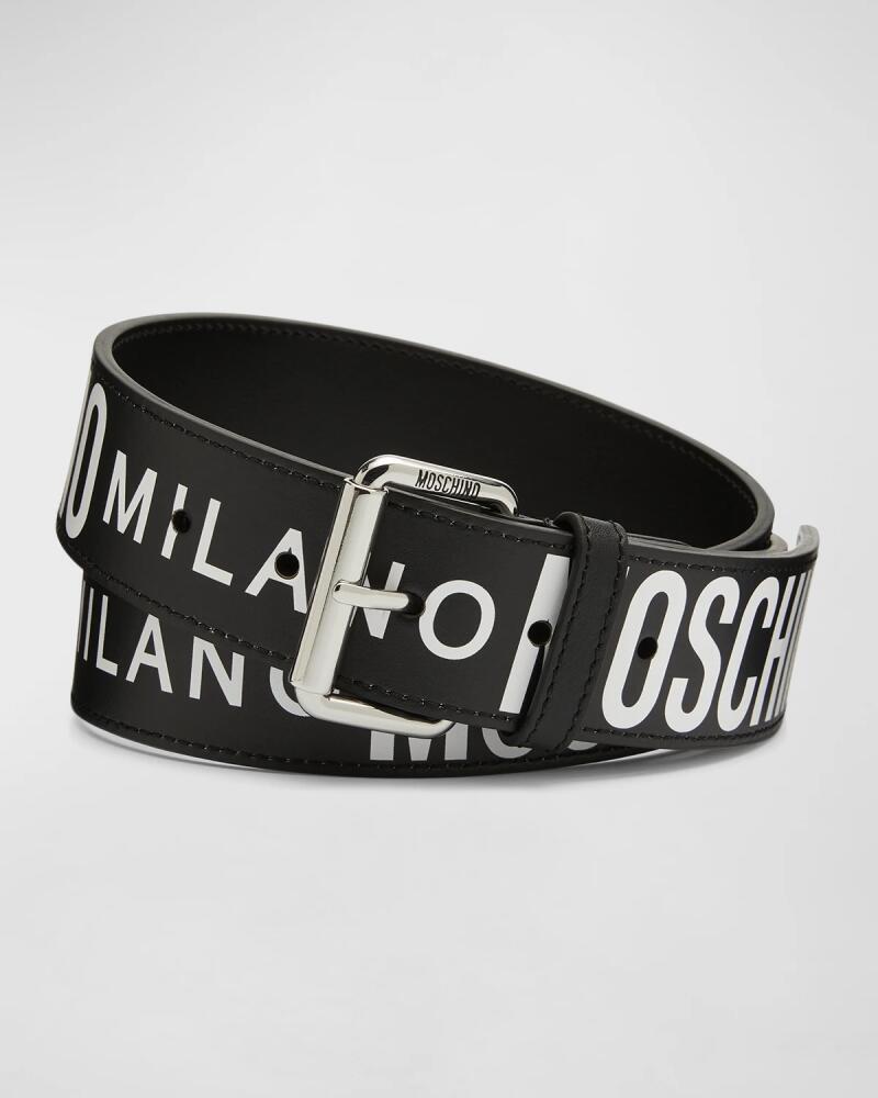 Moschino Men's Allover Logo Leather Belt Cover