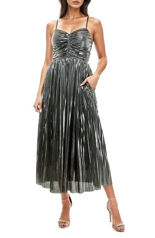 Socialite Pleated Foil Sleeveless Maxi Dress in Silver Cover