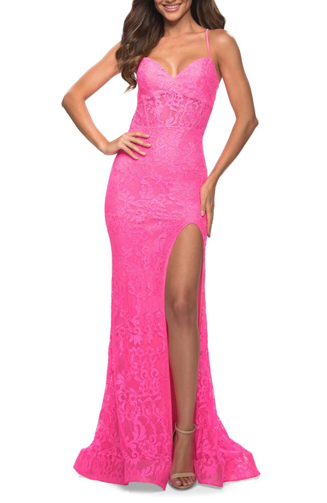 La Femme Strappy Back Stretch Lace Gown in Neon Pink Cover