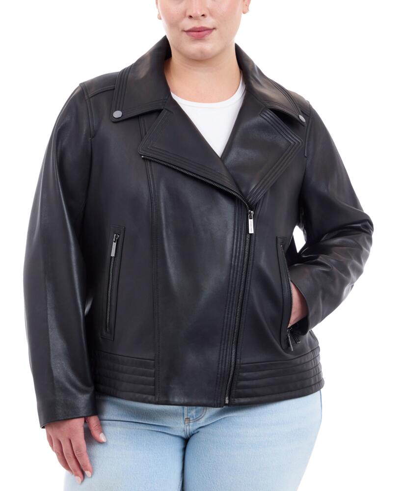 Michael Michael Kors Plus Size Asymmetric Leather Moto Coat - Black Cover