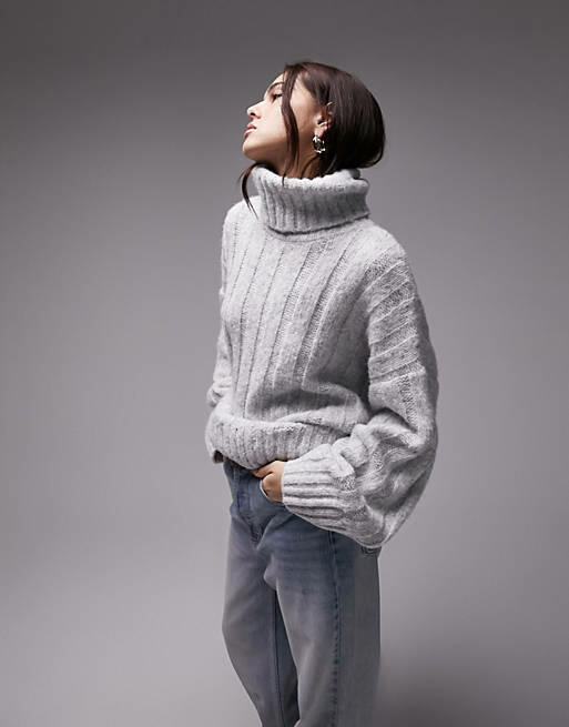 Topshop knitted roll neck wide rib sweater in gray Cover