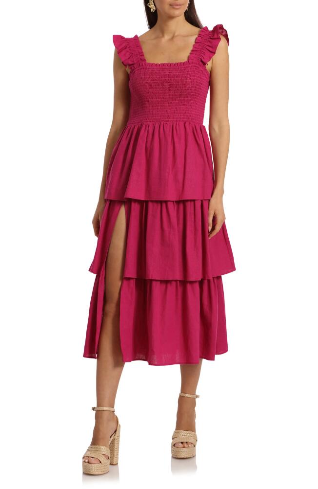 Avec Les Filles Smocked Tiered Linen Blend Sundress in Magenta Cover