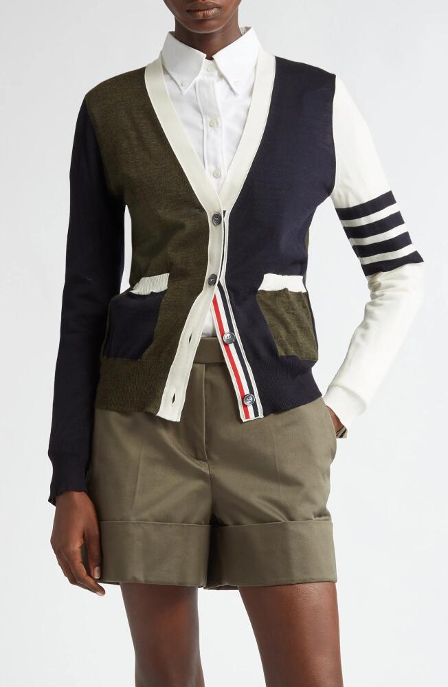 Thom Browne Fun-Mix 4-Bar V-Neck Wool Blend Cardigan in Navy/Green/White Cover