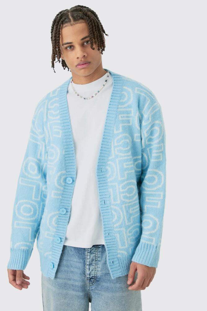 boohoo Mens Boxy Fluffy Branded Knitted Cardigan In Blue Cover