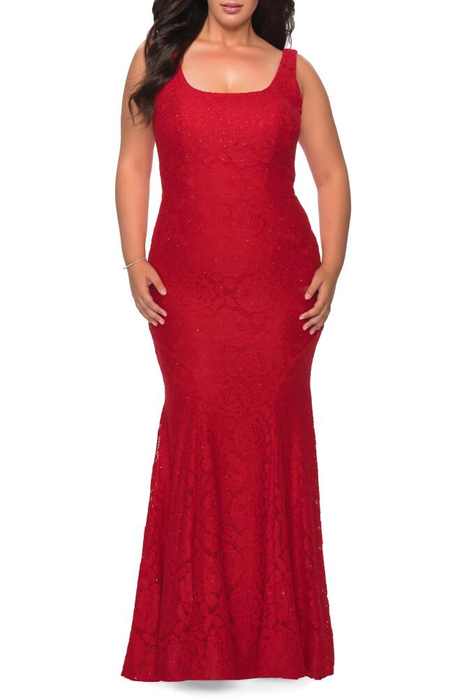 La Femme Beaded Lace Trumpet Gown in Red Cover