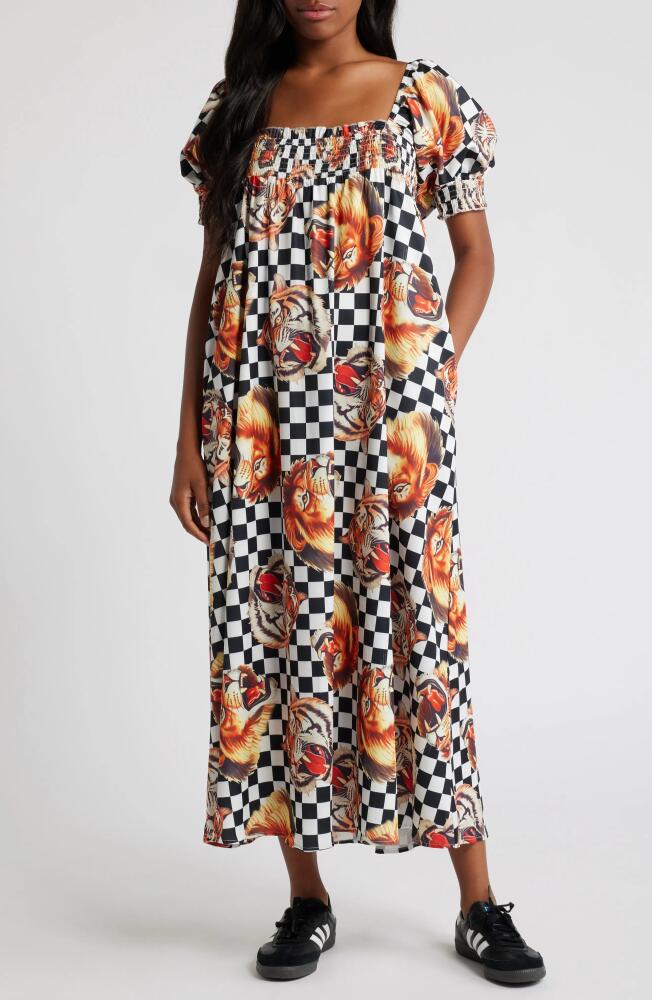 Dressed in Lala Palm Springs Lion Print Smocked Maxi Dress in Black And White Check Cover