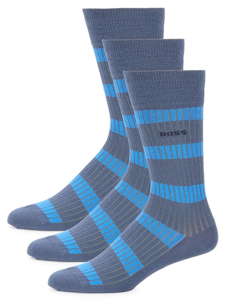 BOSS Men's 3-Pack Striped Rib Knit Crew Socks - Blue Cover