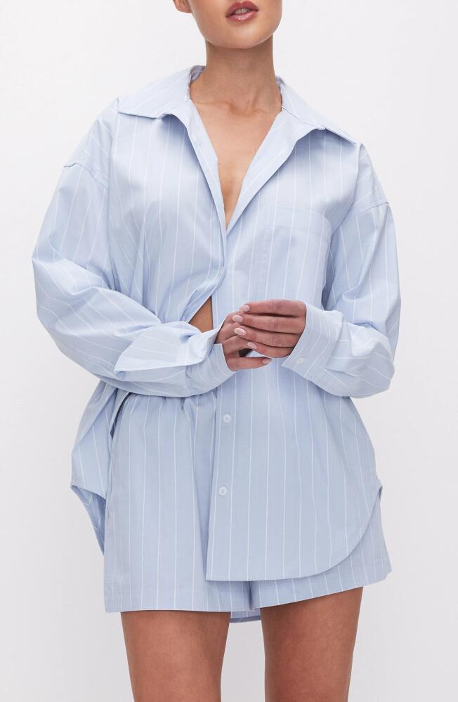 Good American Oversize Stripe Stretch Cotton Poplin Button-Up Shirt in Glass Stripe002 Cover