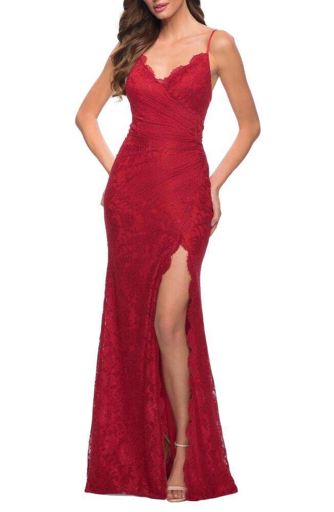 La Femme Strappy Back Lace Gown in Red Cover