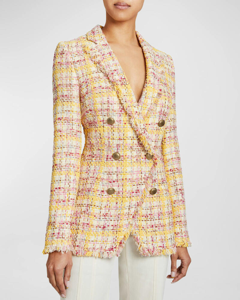 Santorelli Saba Double-Breasted Fringe-Trim Tweed Jacket Cover